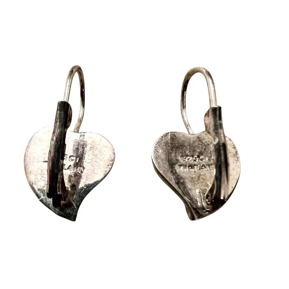 Vintage Sterling Silver Puffy Heart Drop Earrings - Thailand